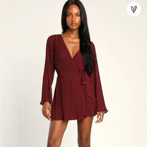 NWT Lulu's Embrace Your Beauty Burgundy Pleated Long Sleeve Skort Romper Size L